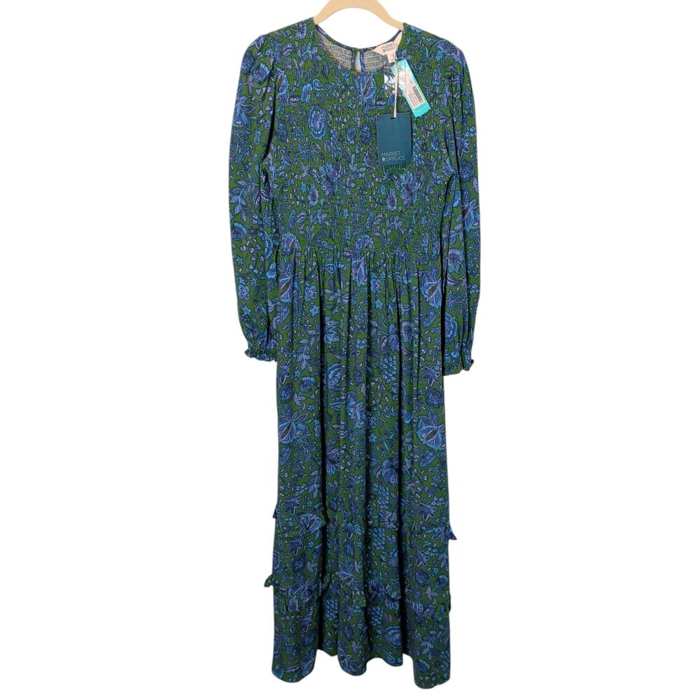 NWT Market & Spruce Sz M Ruby Maxi Dress Green Blue Milkmaid Cottage Smocked